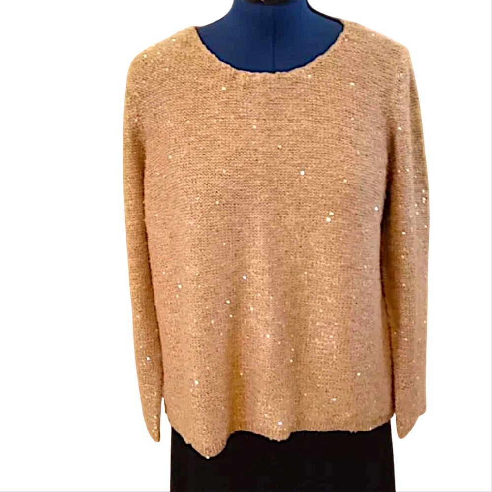 CHICO'S Shimmery Gold HiLo Pullover Knit Sweater Sequins